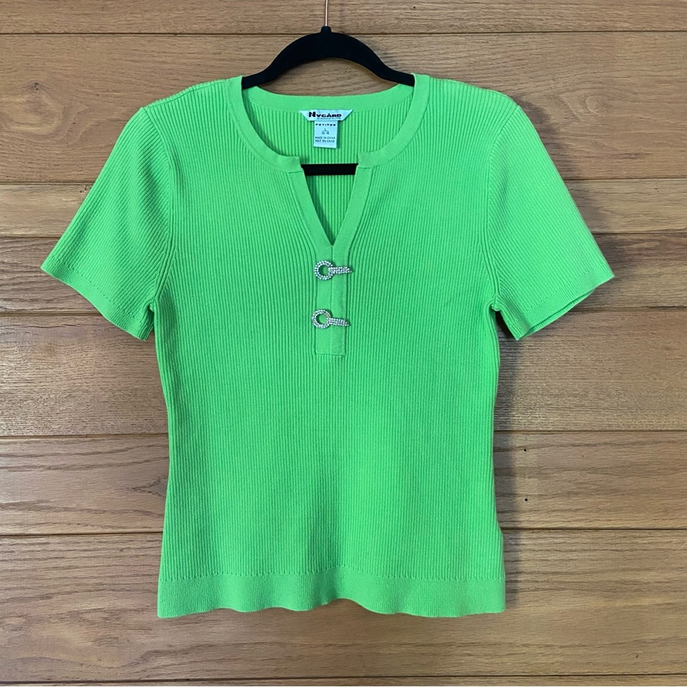 Y2K Nygard green ribbed rhinestone detail short sleeve top